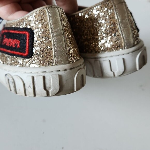 MIU MIU | Glitter Sneakers with Patches, Gold Size 35 MSRP: $650.00 - Picture 5 of 8